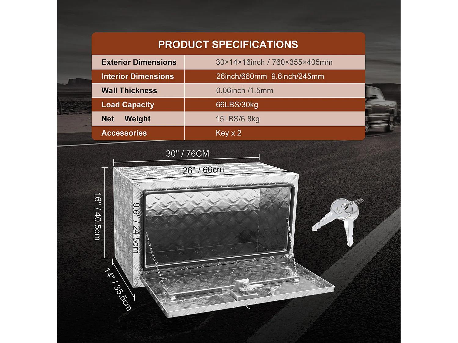Caixa de Ferramentas de Alumínio para Camião SucceBuy, 76,2 x 35,6 x 40,6 cm, Arrumação para Reboques e Autocaravanas