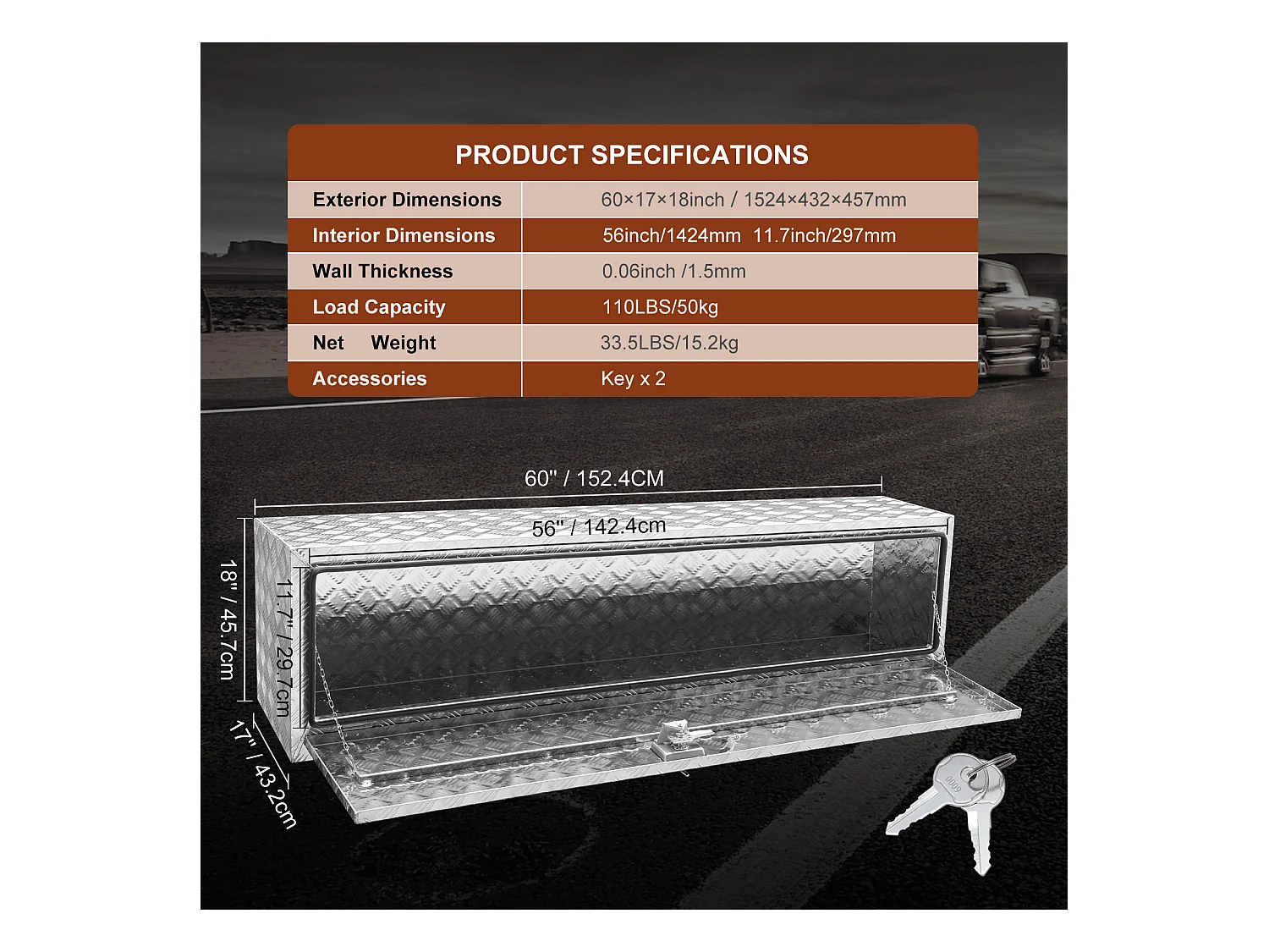 Boîte à Outils en Aluminium pour Sous-Caisse de Camion SucceBuy, 152,4×43,2×45,7 cm, pour Remorque RV