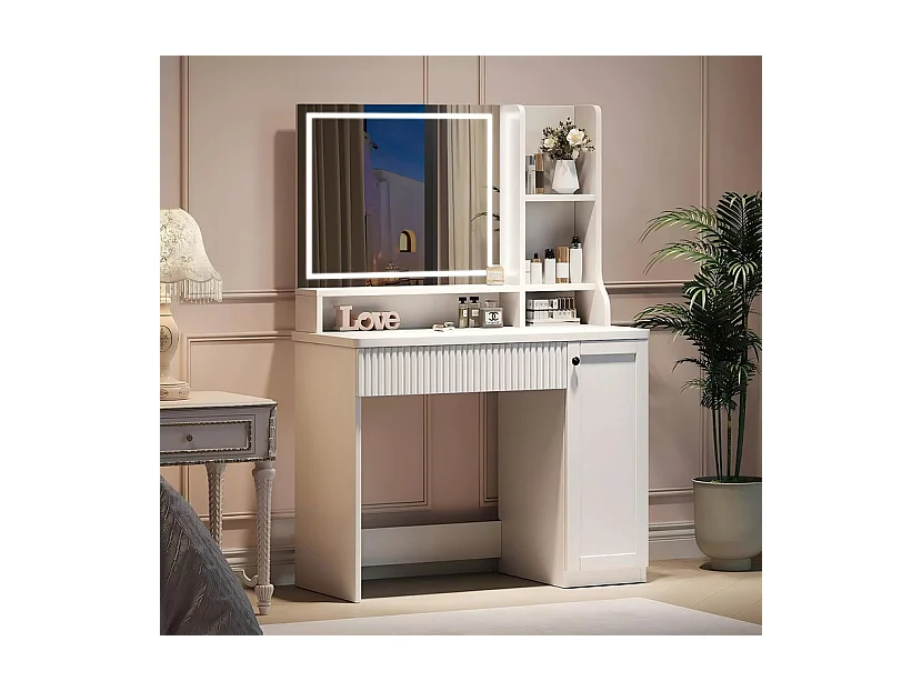 Kaptafel met LED-spiegel, helderheid instelbaar, open planken, 1 La en 1 Deur, Chocoladebruin, 90x40x138.5cm