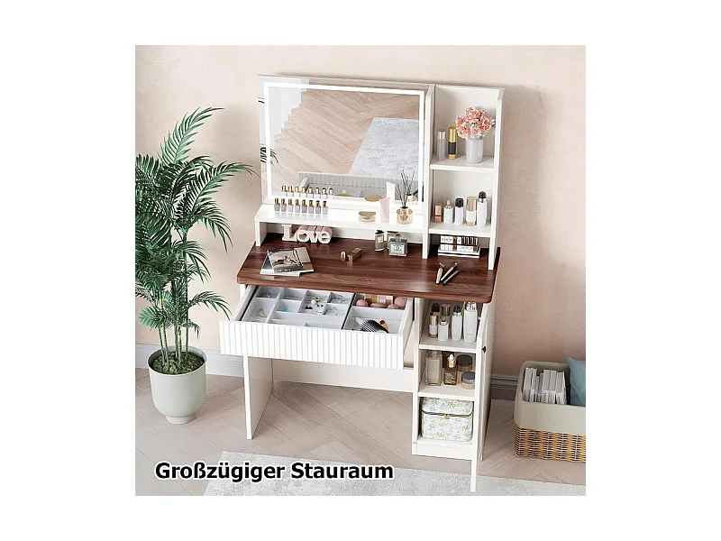 Coiffeuse avec Miroir LED, luminosité réglable, étagères ouvertes, 1 Tiroir et 1 porte, Blanc, 90x40x138.5cm