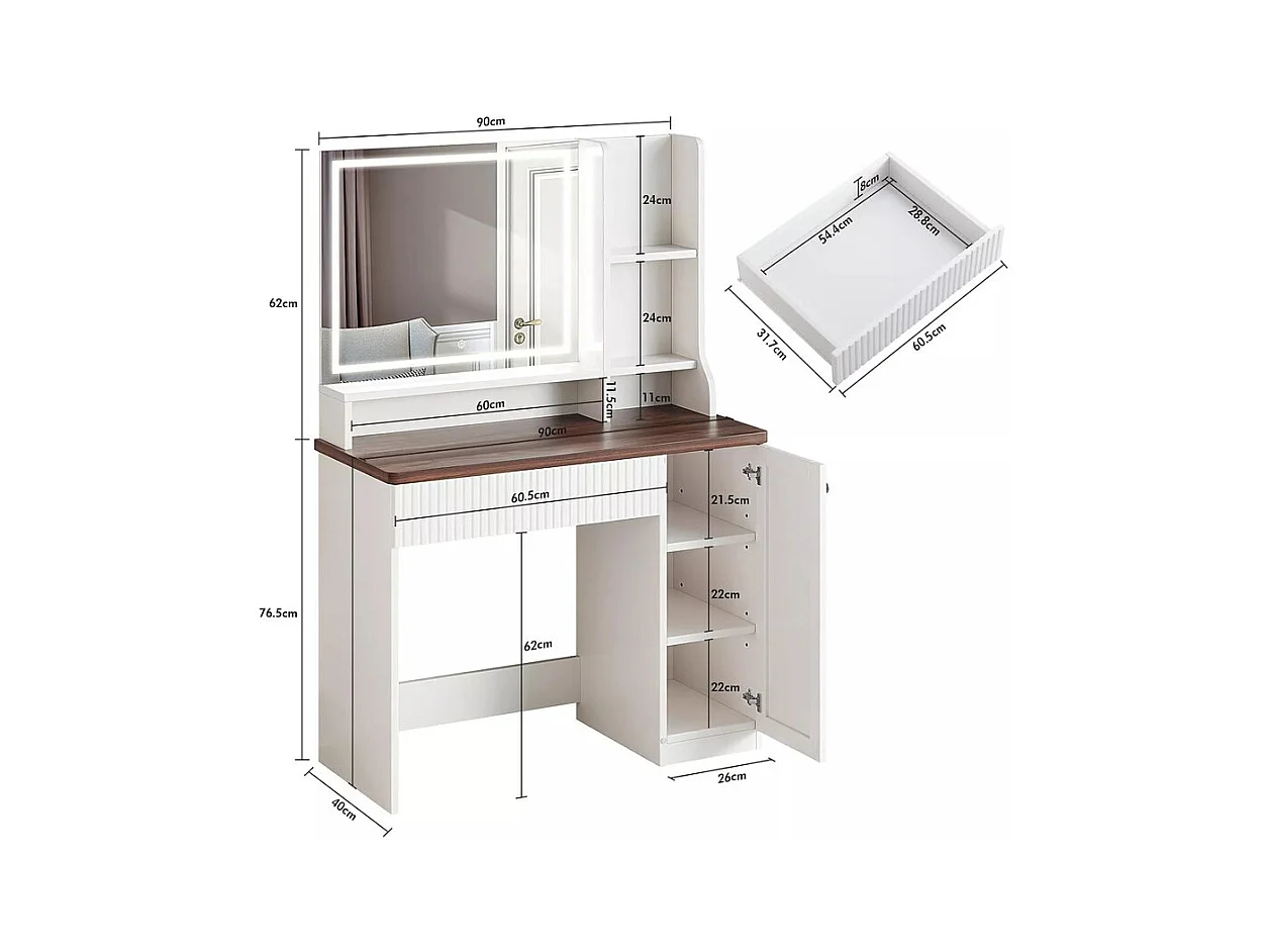Coiffeuse avec Miroir LED, luminosité réglable, étagères ouvertes, 1 Tiroir et 1 porte, Blanc, 90x40x138.5cm