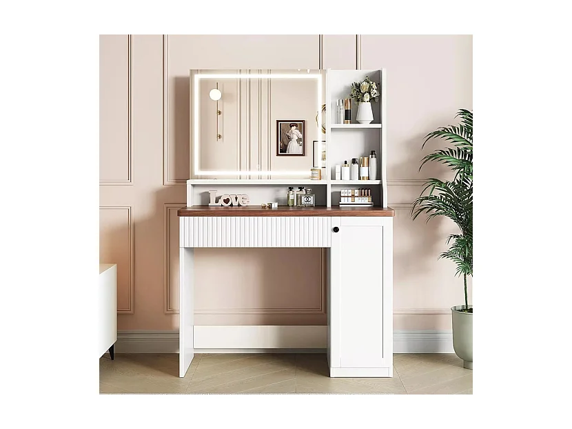 Coiffeuse avec Miroir LED, luminosité réglable, étagères ouvertes, 1 Tiroir et 1 porte, Blanc, 90x40x138.5cm