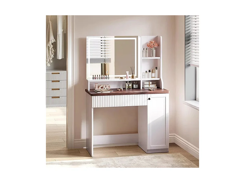 Coiffeuse avec Miroir LED, luminosité réglable, étagères ouvertes, 1 Tiroir et 1 porte, Blanc, 90x40x138.5cm