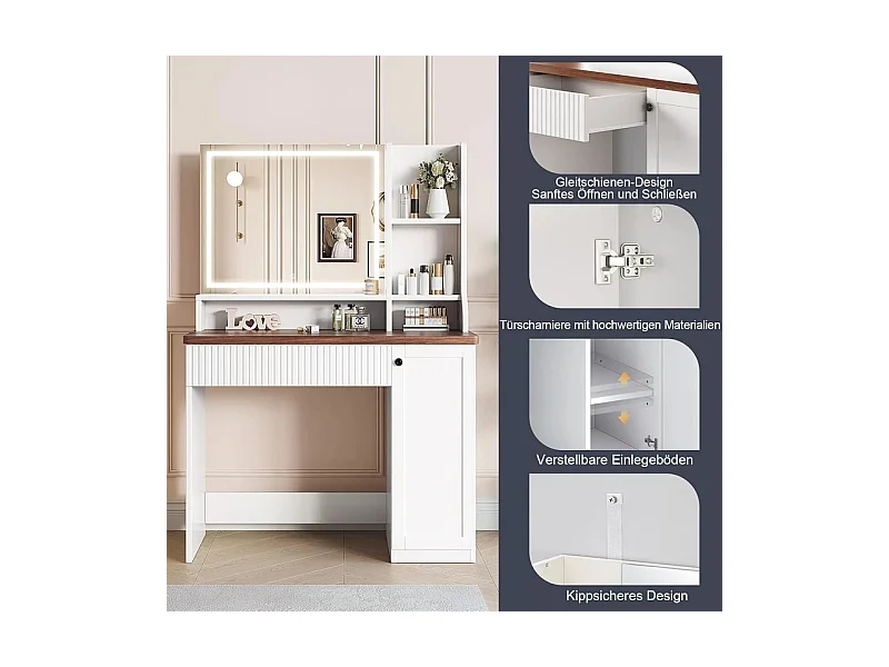 Coiffeuse avec Miroir LED, luminosité réglable, étagères ouvertes, 1 Tiroir et 1 porte, Blanc, 90x40x138.5cm
