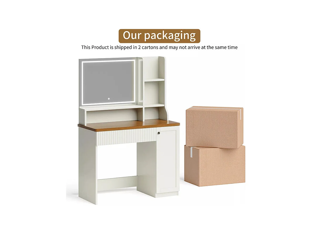 Coiffeuse avec Miroir LED, luminosité réglable, étagères ouvertes, 1 Tiroir et 1 porte, Blanc, 90x40x138.5cm