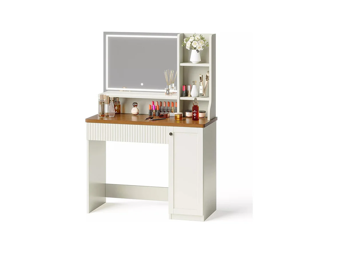 Coiffeuse avec Miroir LED, luminosité réglable, étagères ouvertes, 1 Tiroir et 1 porte, Blanc, 90x40x138.5cm