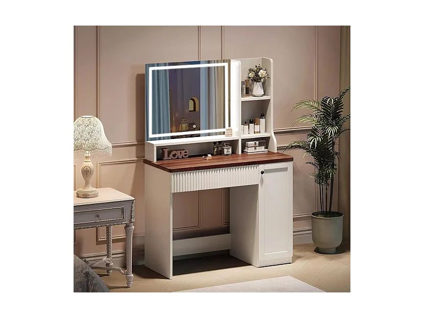 Schminktisch mit LED-Spiegel, Helligkeit einstellbar, offene Fächer, 1 Schublade und 1 Tür, Weiß, 90x40x138.5cm