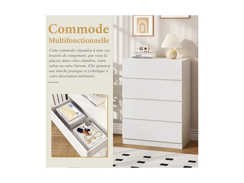 Commode 4 Tiroirs - avec mécanisme de fermeture en douceur - meuble de rangement - 70x40x96cm