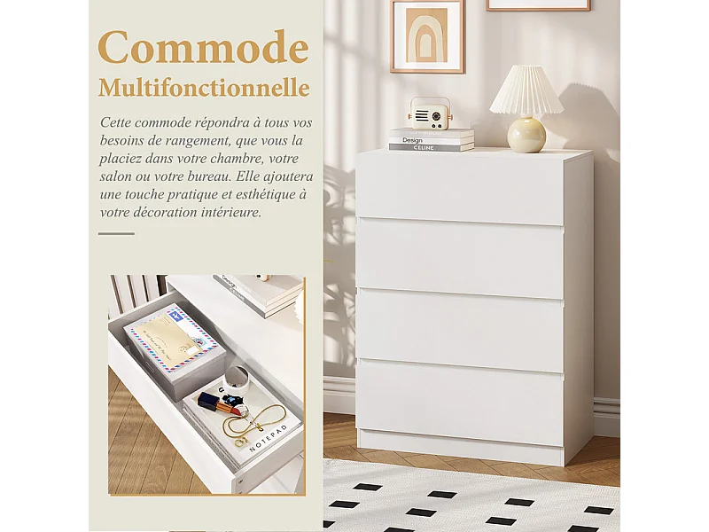 Commode 4 Tiroirs - avec mécanisme de fermeture en douceur - meuble de rangement - 70x40x96cm