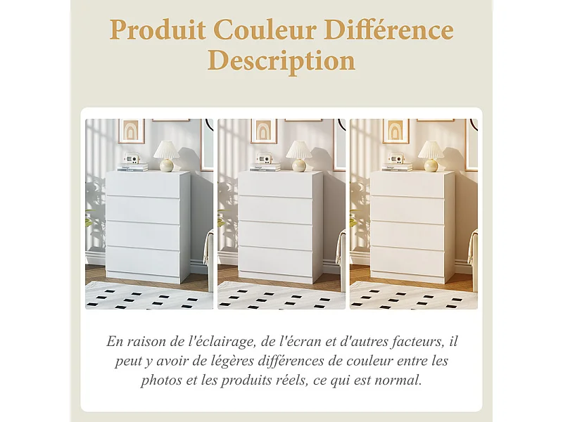 Commode 4 Tiroirs - avec mécanisme de fermeture en douceur - meuble de rangement - 70x40x96cm