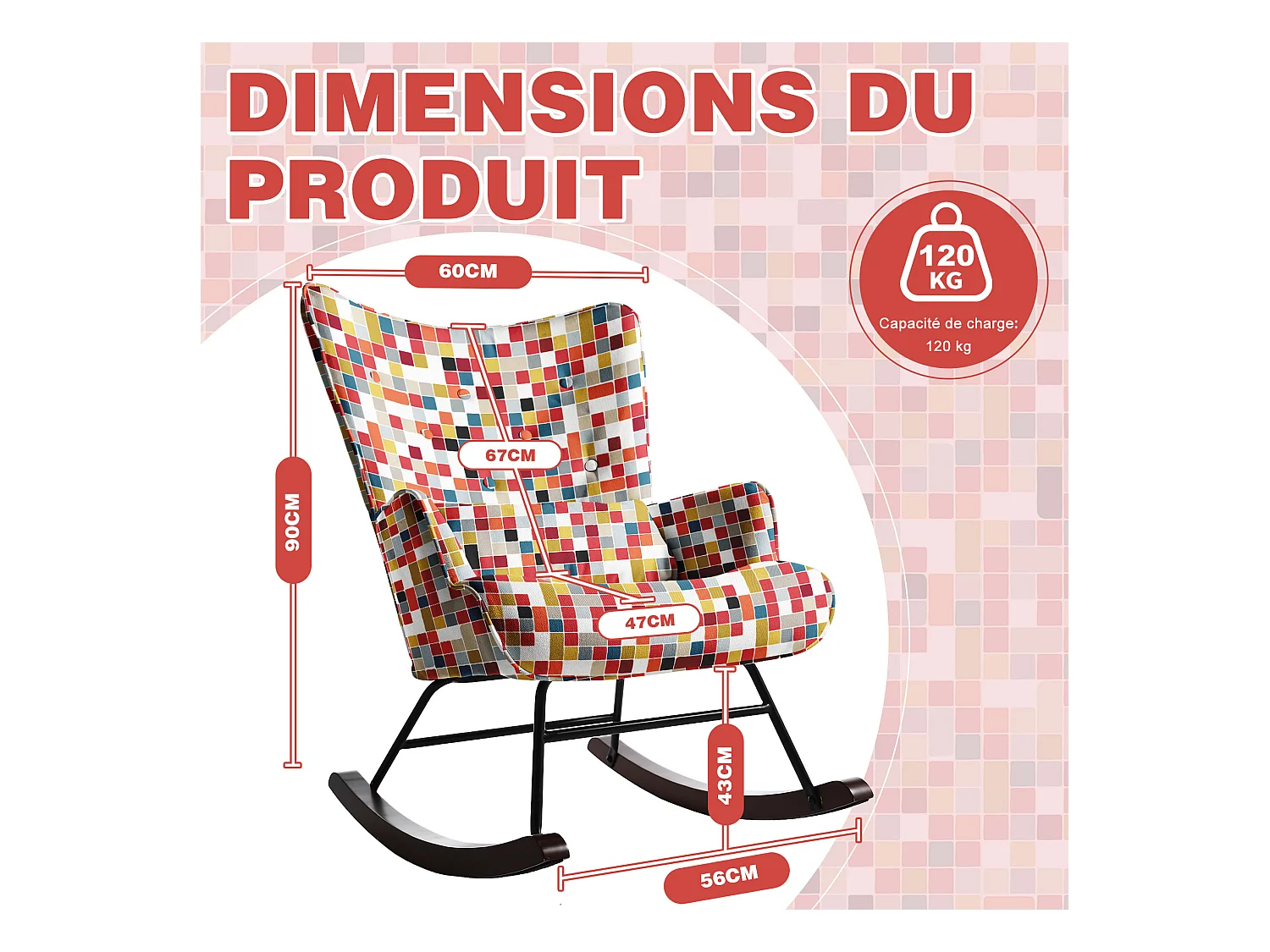 HOMEMIYN Schommelstoel: Kunstlinnen stof, kleurrijk mozaïekpatroon - 91X67X86CM