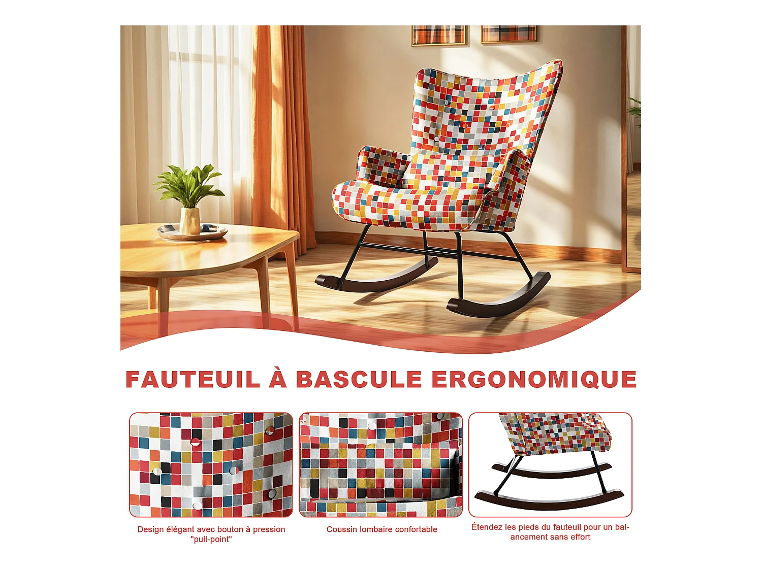 HOMEMIYN Schommelstoel: Kunstlinnen stof, kleurrijk mozaïekpatroon - 91X67X86CM