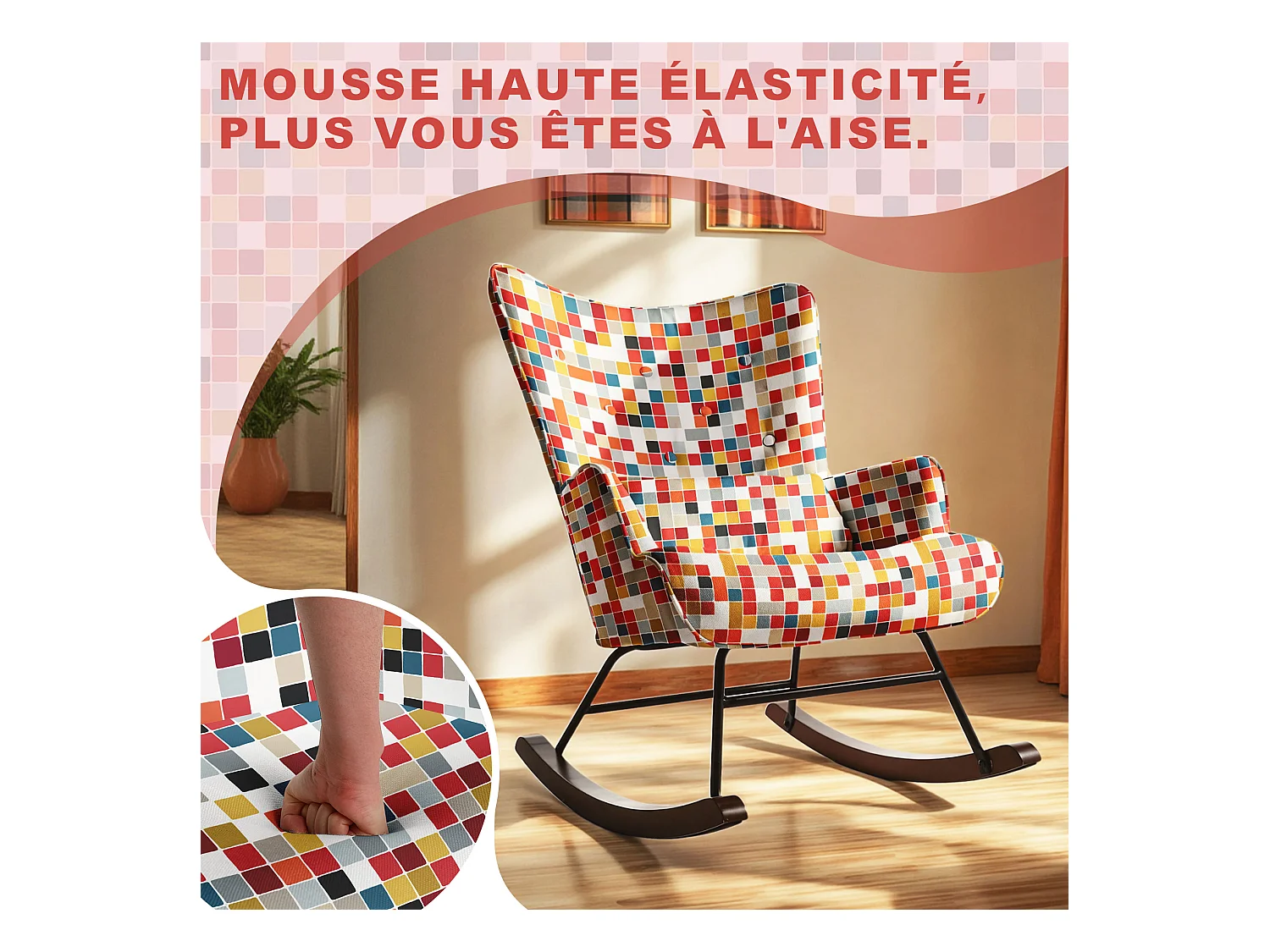 HOMEMIYN Schommelstoel: Kunstlinnen stof, kleurrijk mozaïekpatroon - 91X67X86CM