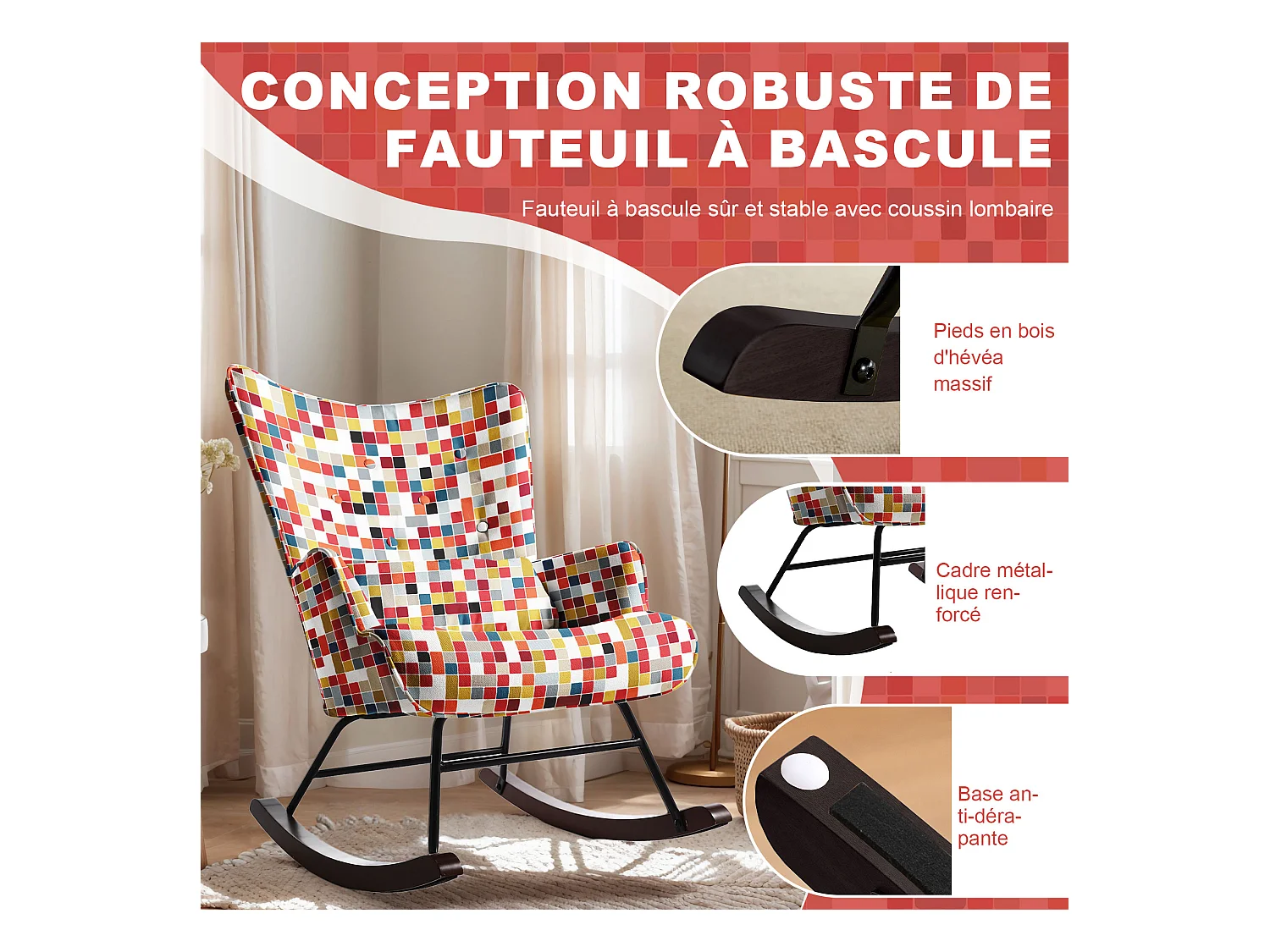 HOMEMIYN Schommelstoel: Kunstlinnen stof, kleurrijk mozaïekpatroon - 91X67X86CM