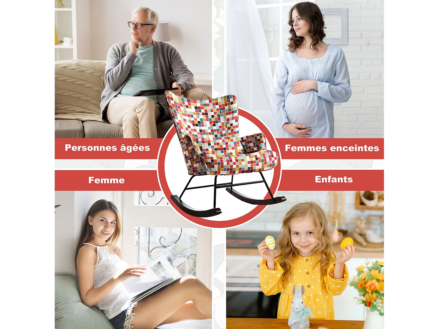 HOMEMIYN Schommelstoel: Kunstlinnen stof, kleurrijk mozaïekpatroon - 91X67X86CM