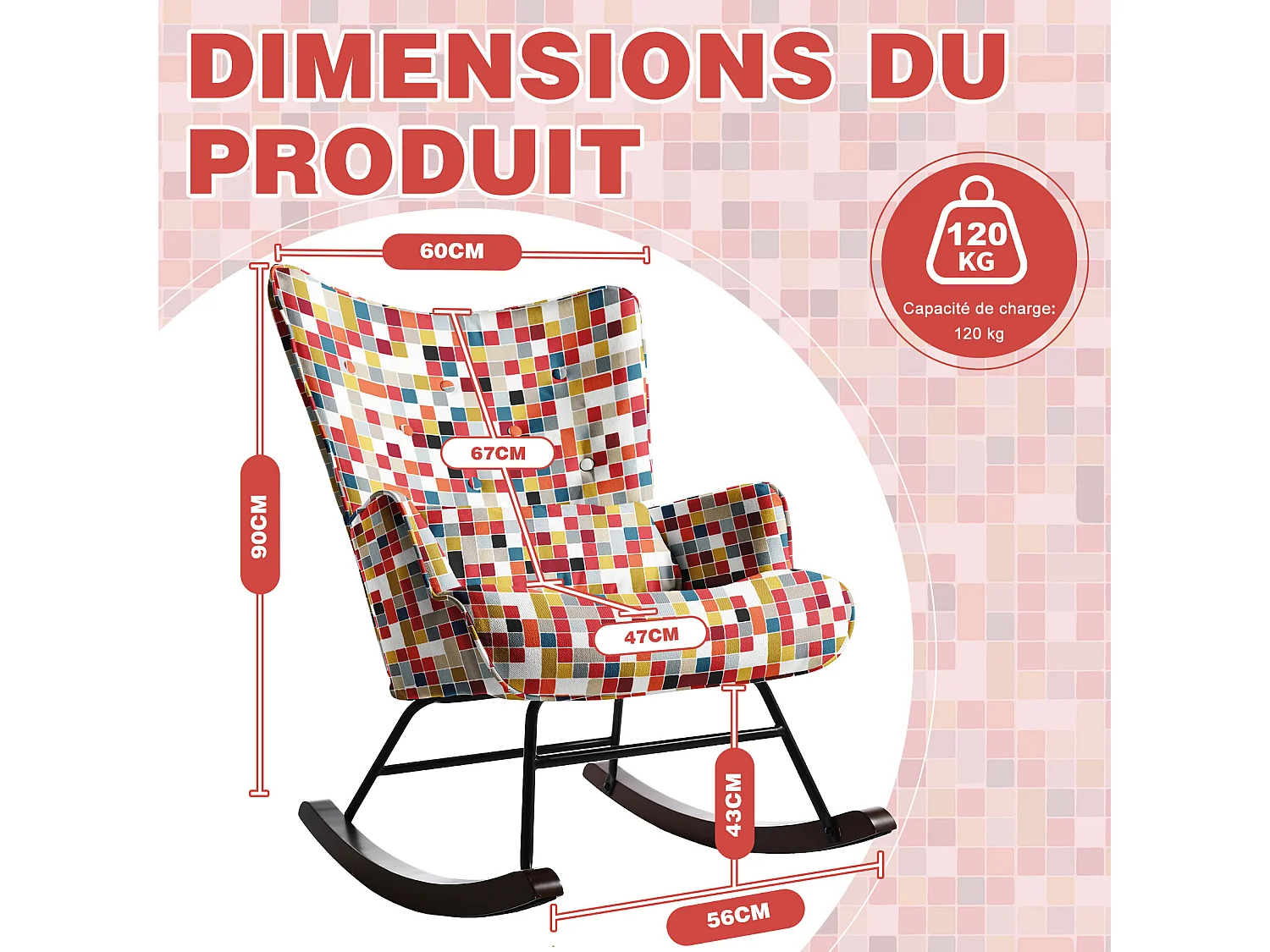 HOMEMIYN Schaukelstuhl: Leinenimitat, buntes Mosaikmuster – 91 x 67 x 86 cm