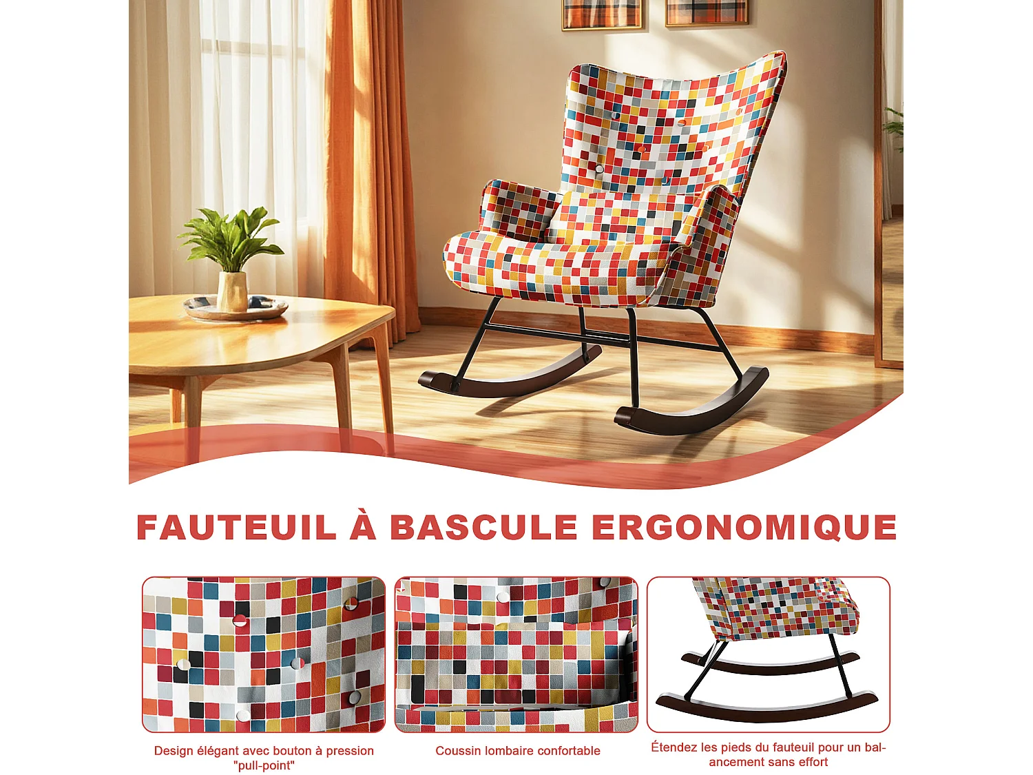 HOMEMIYN Schaukelstuhl: Leinenimitat, buntes Mosaikmuster – 91 x 67 x 86 cm