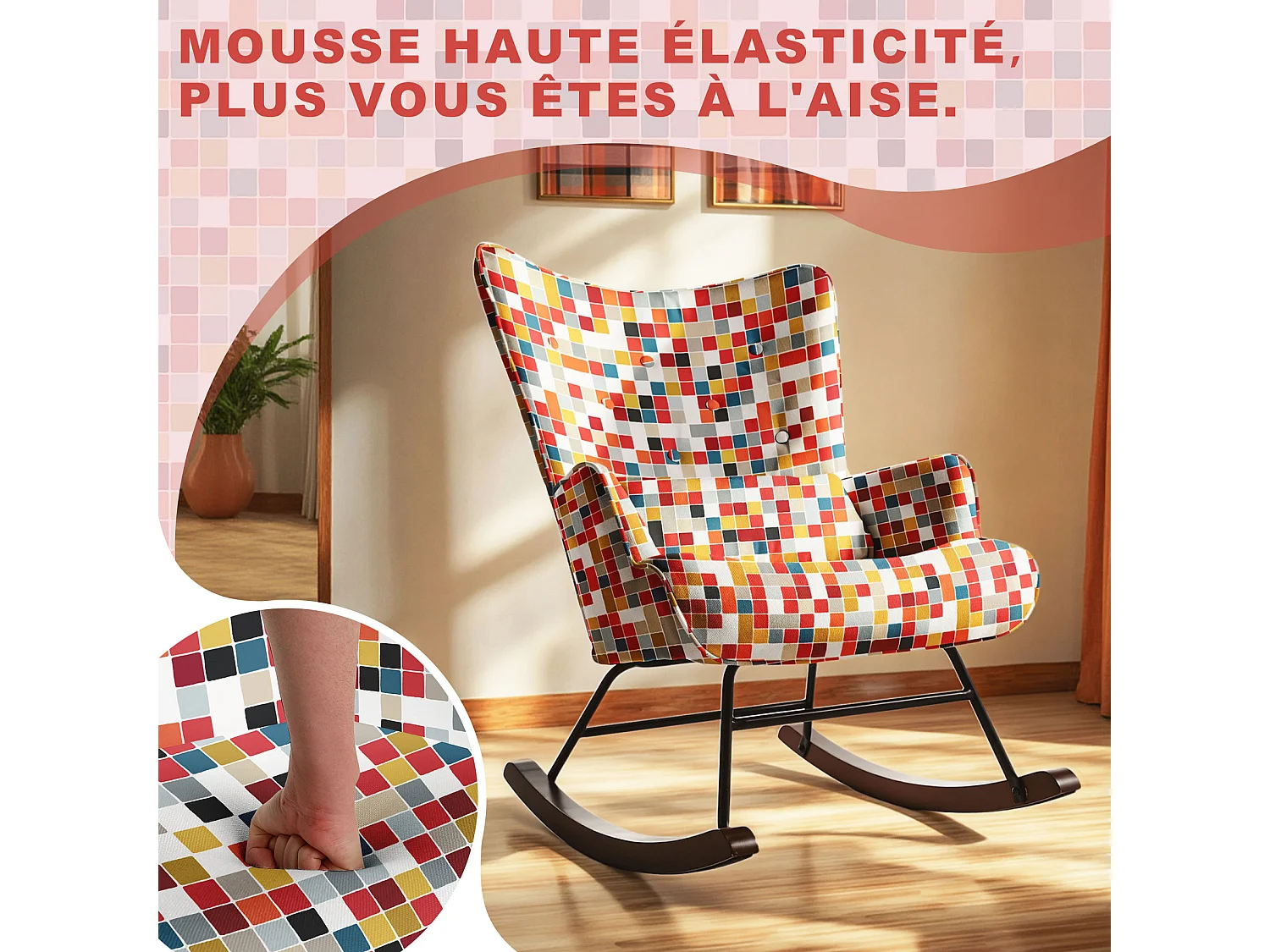 HOMEMIYN Schaukelstuhl: Leinenimitat, buntes Mosaikmuster – 91 x 67 x 86 cm