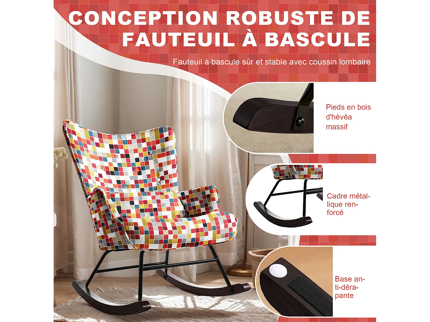 HOMEMIYN Schaukelstuhl: Leinenimitat, buntes Mosaikmuster – 91 x 67 x 86 cm