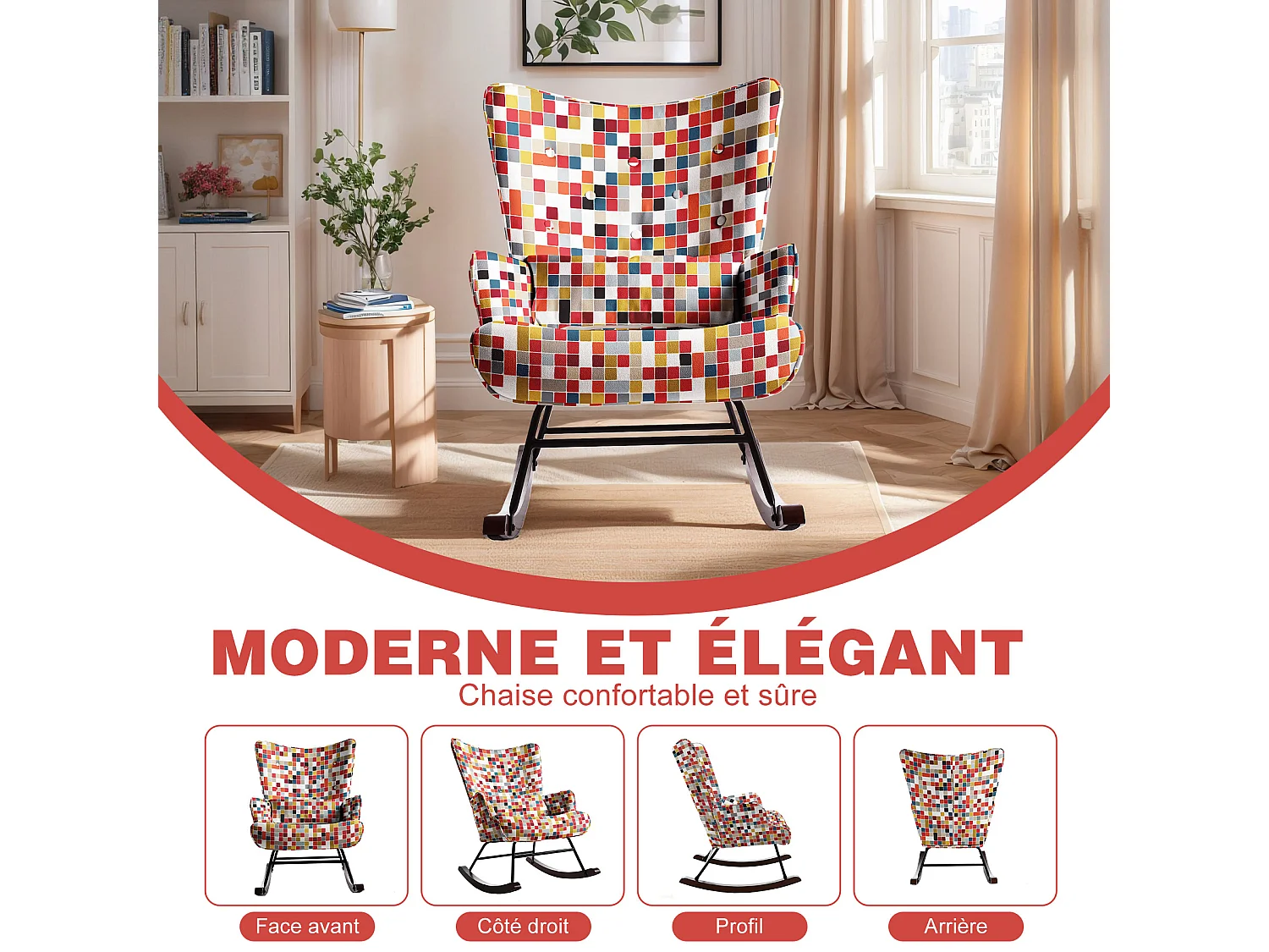 HOMEMIYN Schaukelstuhl: Leinenimitat, buntes Mosaikmuster – 91 x 67 x 86 cm