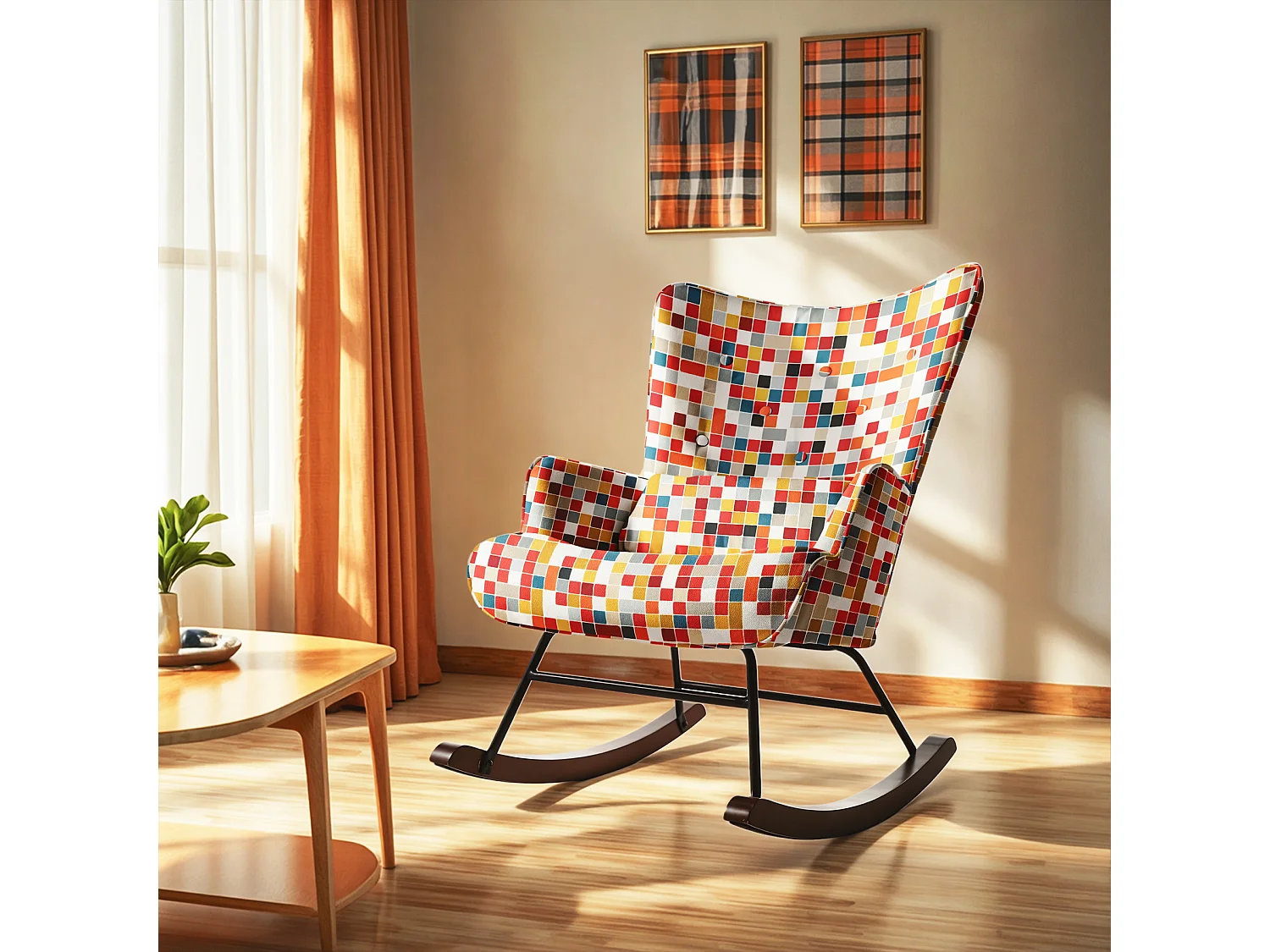 HOMEMIYN Schaukelstuhl: Leinenimitat, buntes Mosaikmuster – 91 x 67 x 86 cm