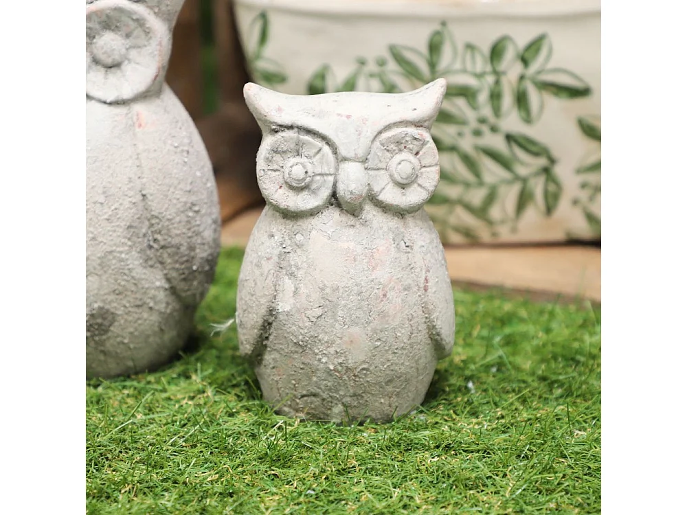 Statuette statue décorative jardin hibou ciment gris vieilli 15cm
