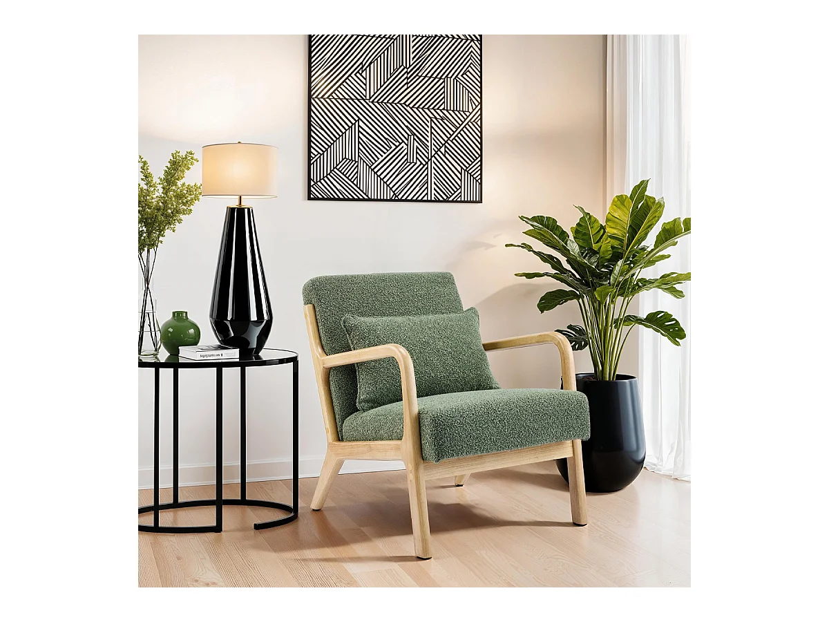 Fauteuil en bois et tissu bouclé vert - Lanna