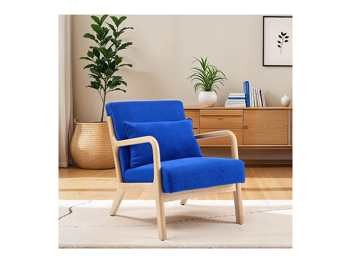 Fauteuil en bois et velours côtelé bleu électrique - Lanna