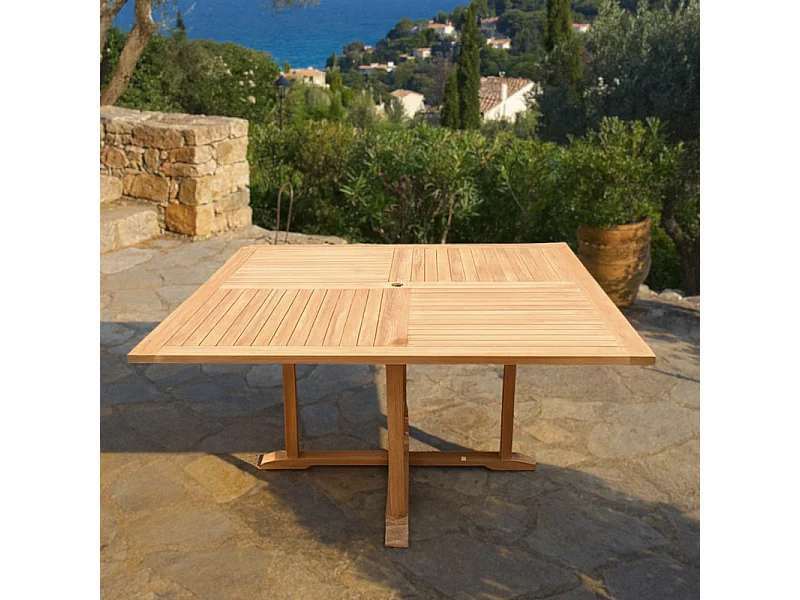 Table de jardin carrée 150 x 150 cm pliante en teck massif - ANCOLIE