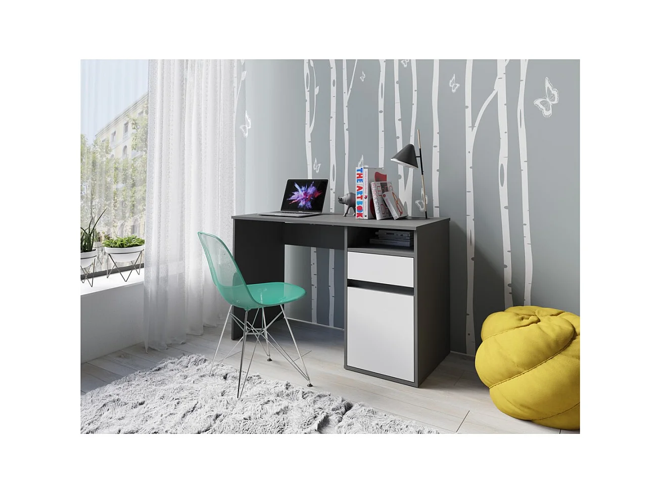 Escritório BILOU cinza e branco – 1 gaveta, 1 porta e 2 nichos – Visual moderno e armazenamento prático