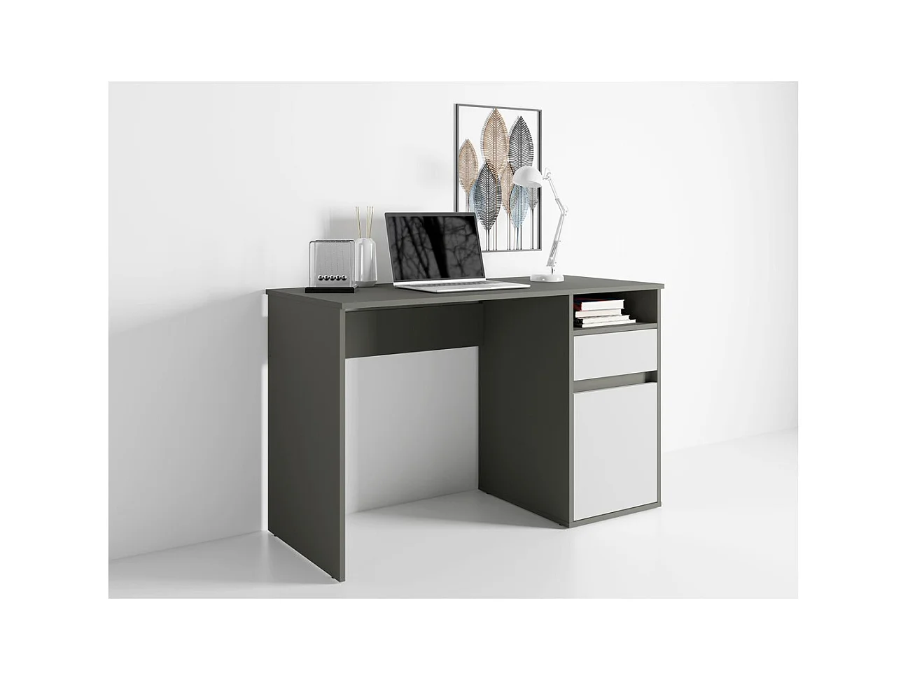 Escritório BILOU cinza e branco – 1 gaveta, 1 porta e 2 nichos – Visual moderno e armazenamento prático