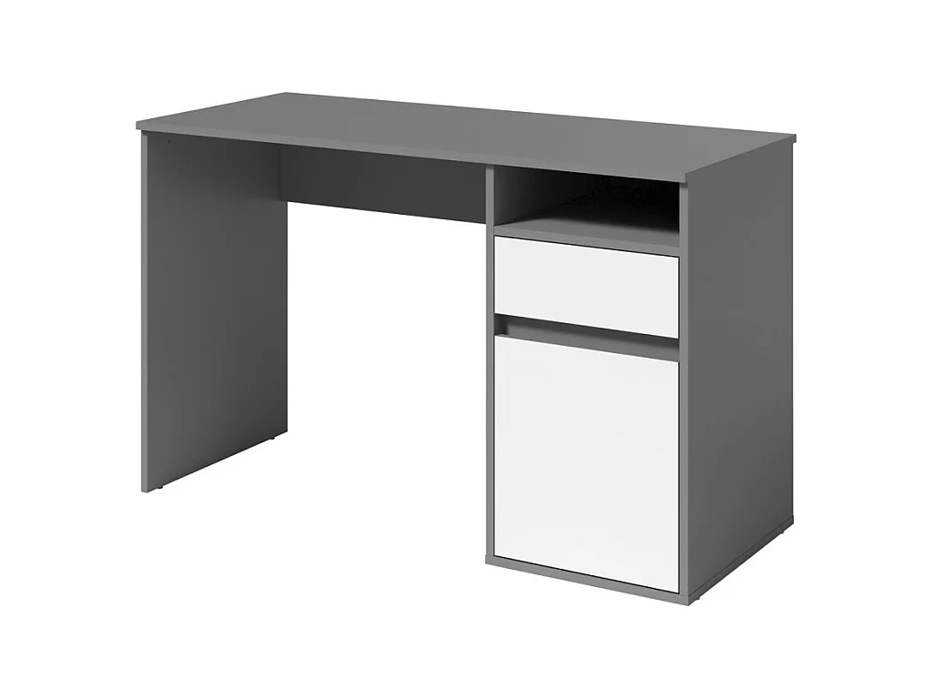 Bureau BILOU gris et blanc – 1 tiroir, 1 porte et 2 niches – Look moderne et rangement pratique
