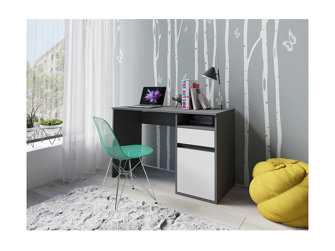 Escritório BILOU cinza e branco – 1 gaveta, 1 porta e 2 nichos – Visual moderno e armazenamento prático