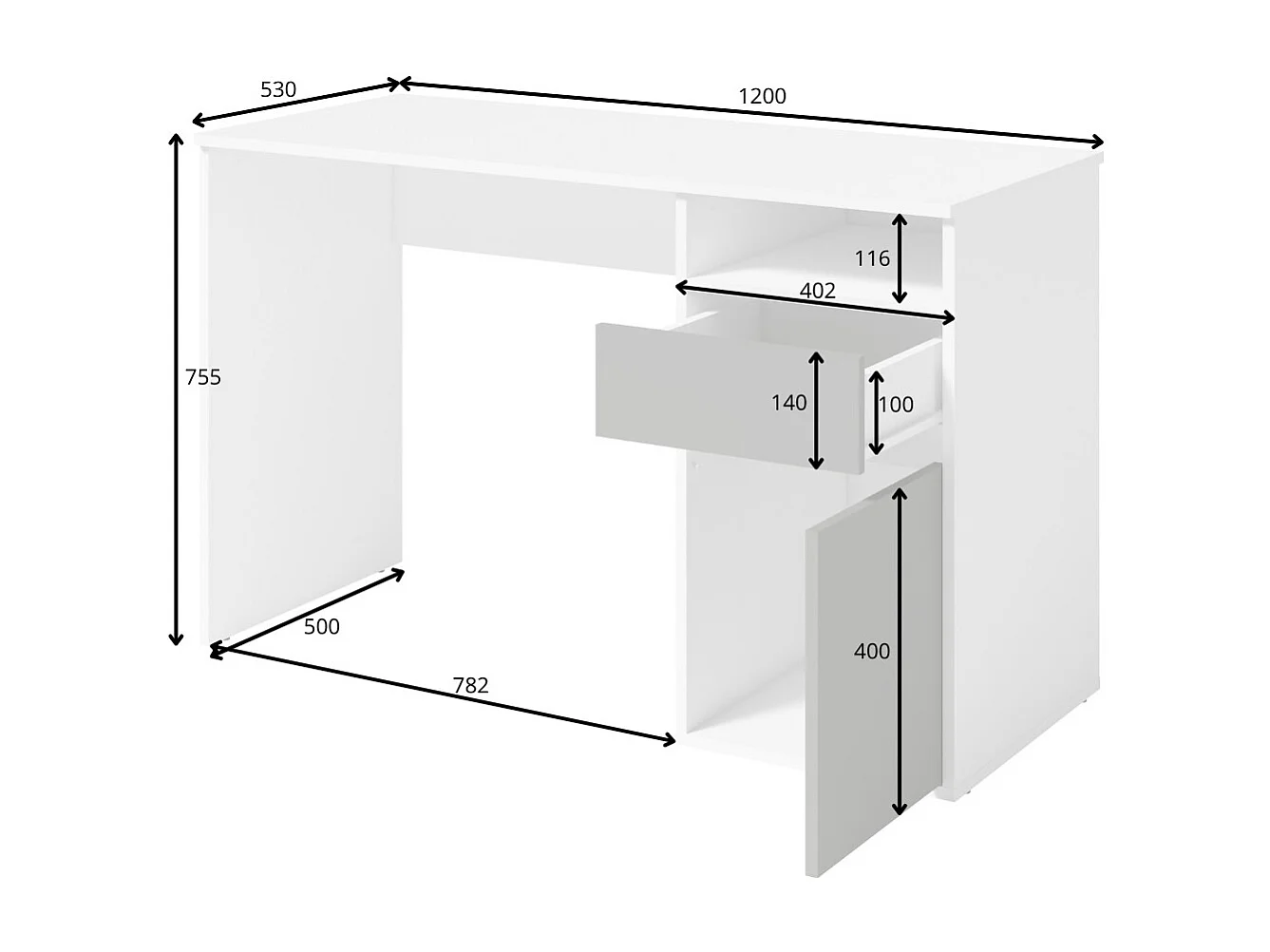 Escritório BILOU cinza e branco – 1 gaveta, 1 porta e 2 nichos – Visual moderno e armazenamento prático