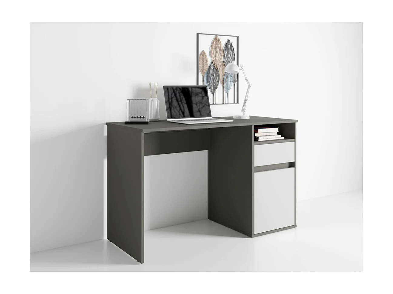 Escritório BILOU cinza e branco – 1 gaveta, 1 porta e 2 nichos – Visual moderno e armazenamento prático