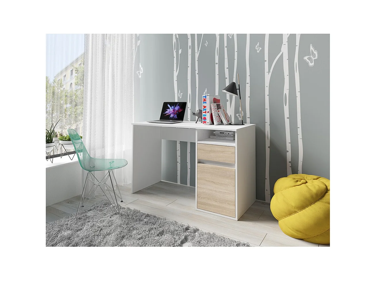 Escritório BILOU branco com gaveta e porta em carvalho claro – Compacto e luminoso para criança