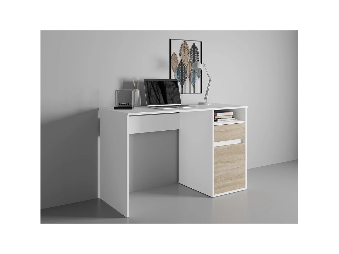 Escritório BILOU branco com gaveta e porta em carvalho claro – Compacto e luminoso para criança