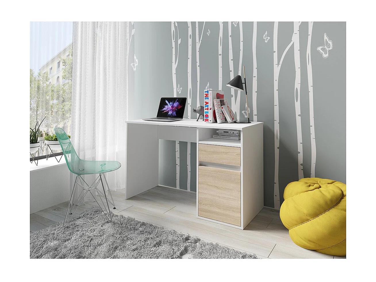 Escritório BILOU branco com gaveta e porta em carvalho claro – Compacto e luminoso para criança