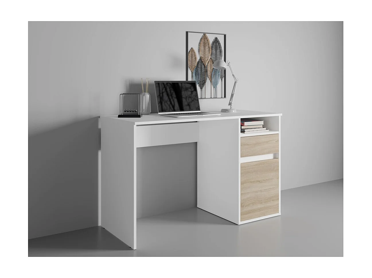 Escritório BILOU branco com gaveta e porta em carvalho claro – Compacto e luminoso para criança