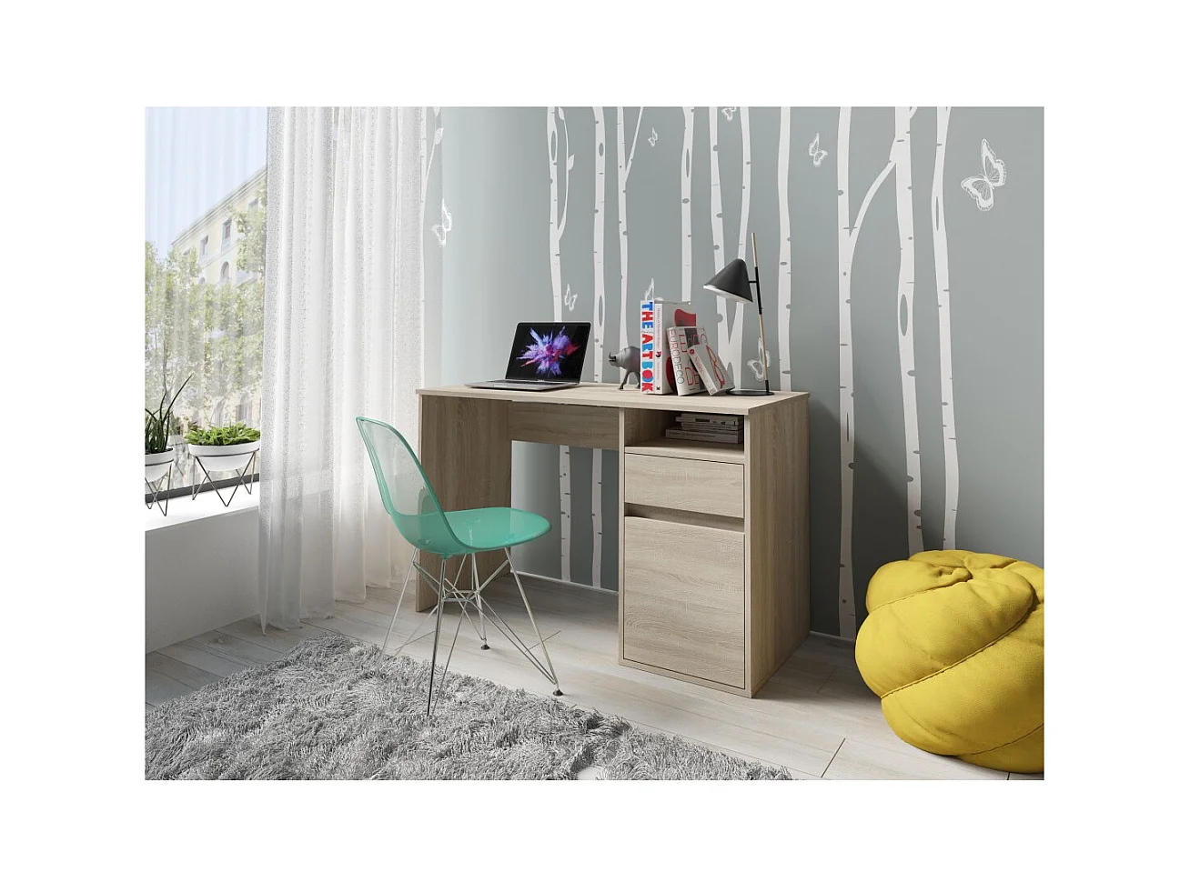 Bureau BILOU chêne Sonoma – 1 tiroir, 1 porte et 2 niches – Style bois clair et design pratique