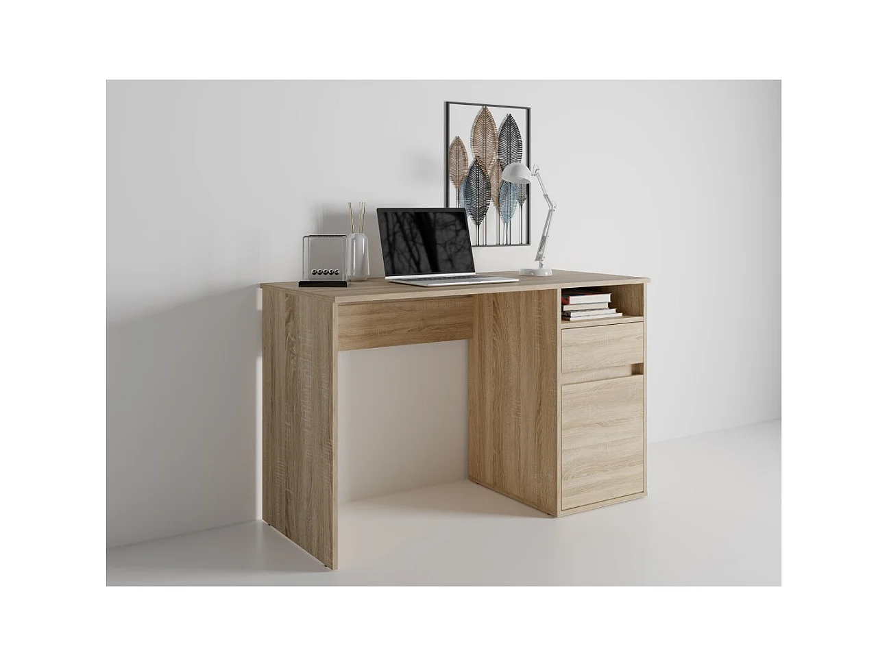 Bureau BILOU chêne Sonoma – 1 tiroir, 1 porte et 2 niches – Style bois clair et design pratique