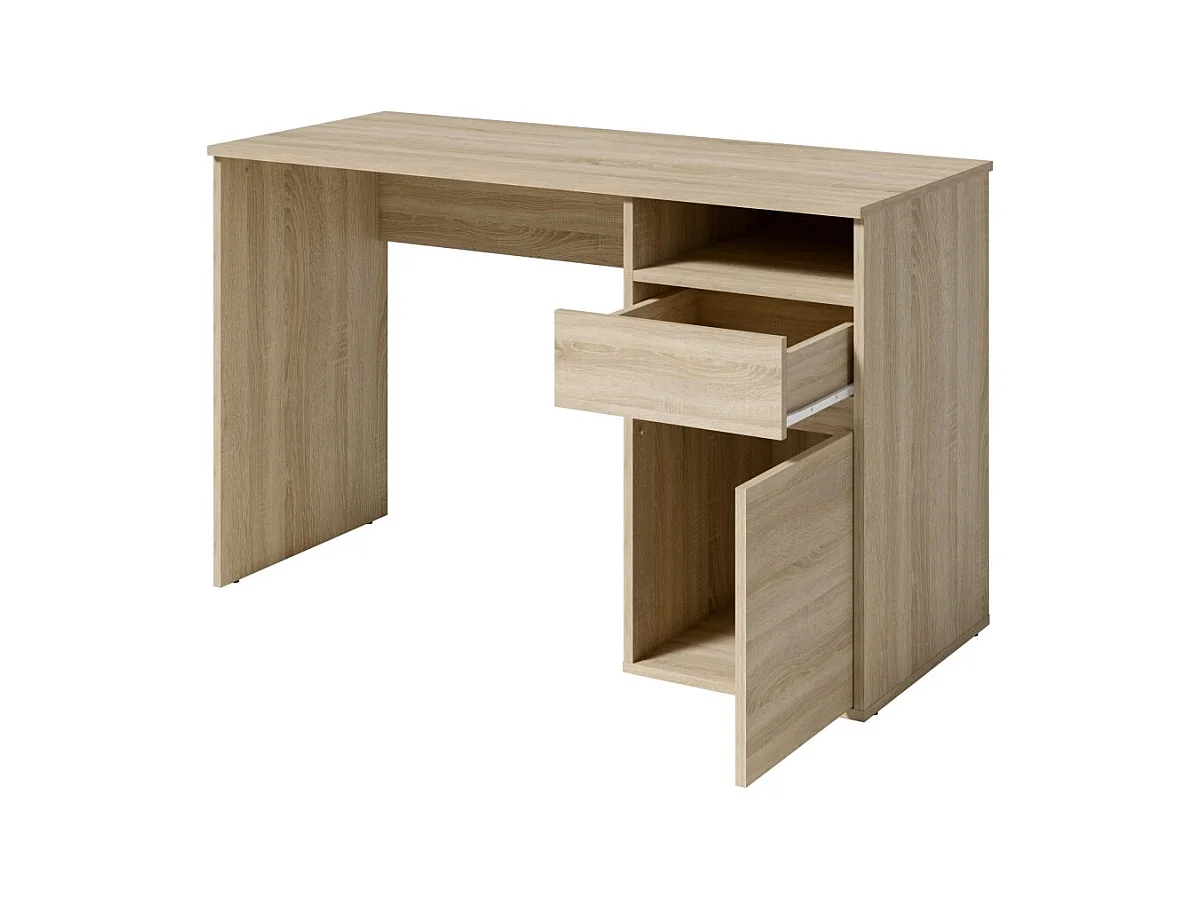 Bureau BILOU chêne Sonoma – 1 tiroir, 1 porte et 2 niches – Style bois clair et design pratique