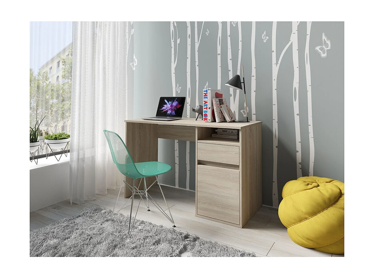Bureau BILOU chêne Sonoma – 1 tiroir, 1 porte et 2 niches – Style bois clair et design pratique