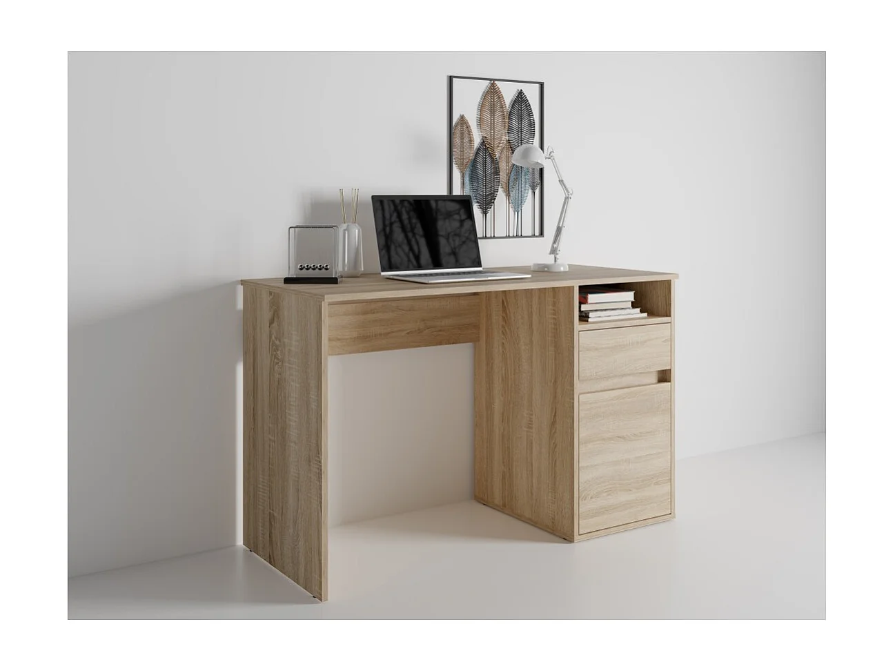 Bureau BILOU chêne Sonoma – 1 tiroir, 1 porte et 2 niches – Style bois clair et design pratique