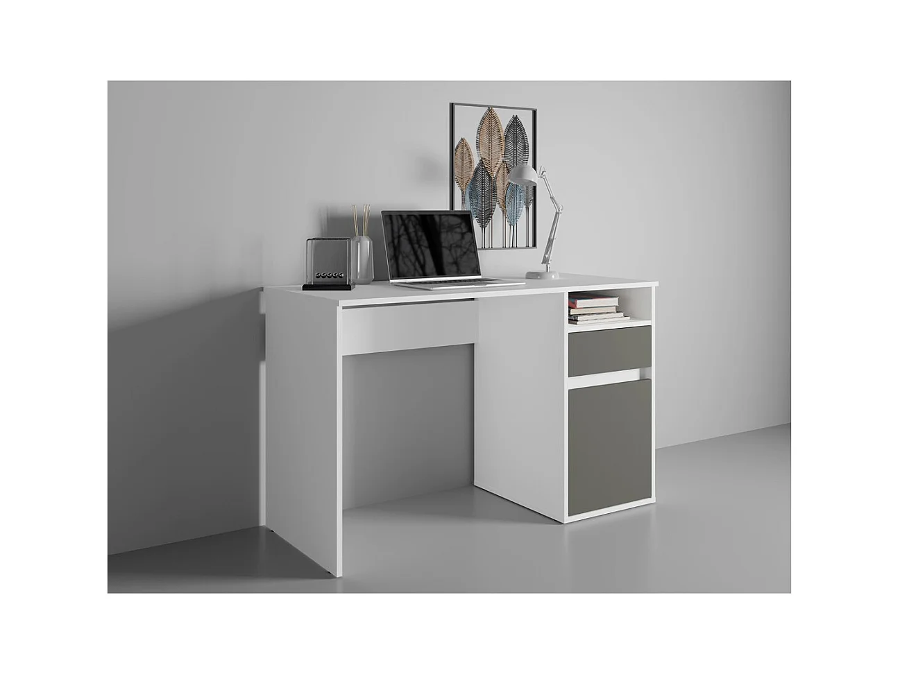Escritório BILOU branco com gaveta e porta cinza antracite - Design limpo e moderno para criança