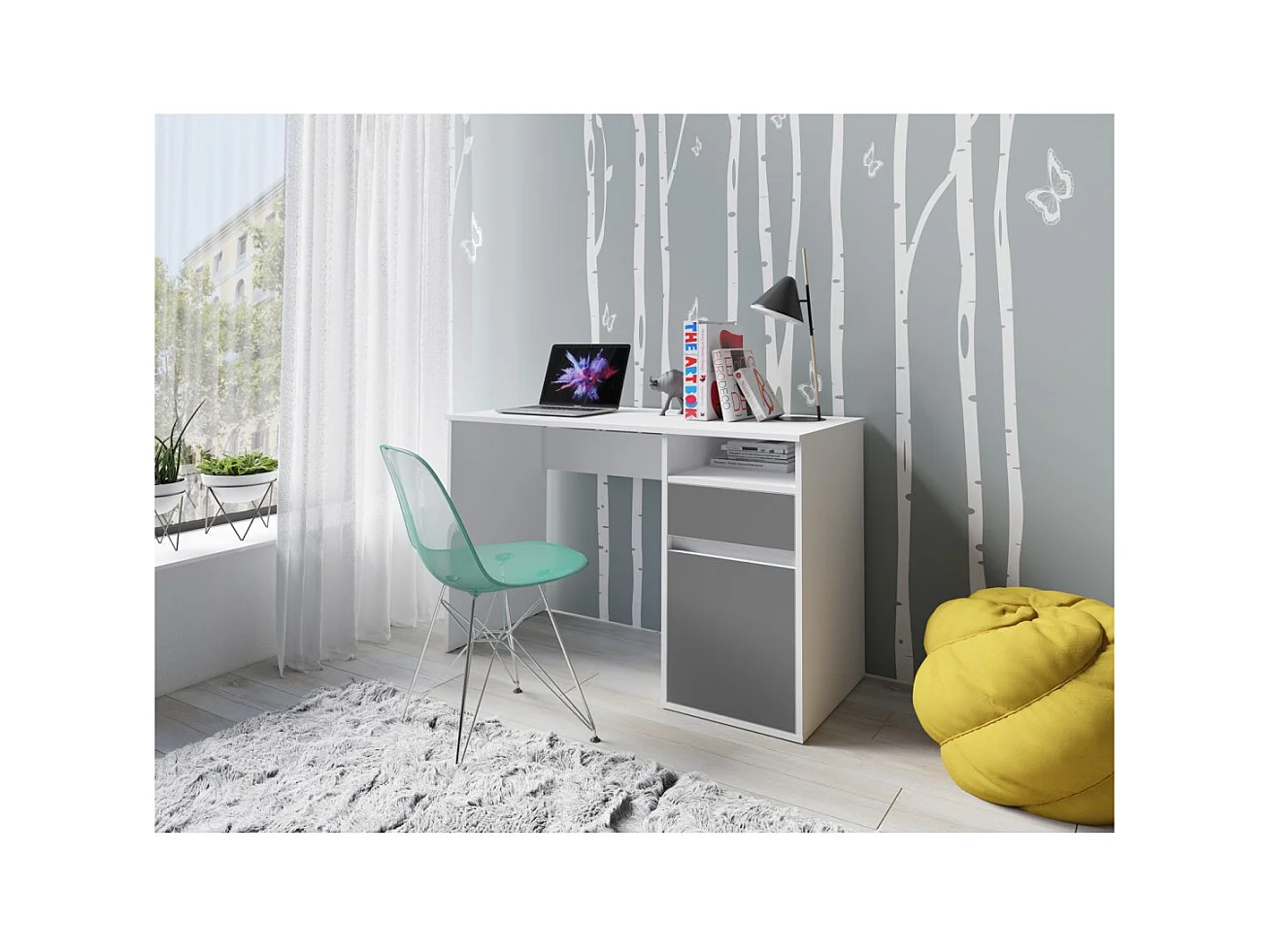 Escritório BILOU branco com gaveta e porta cinza antracite - Design limpo e moderno para criança