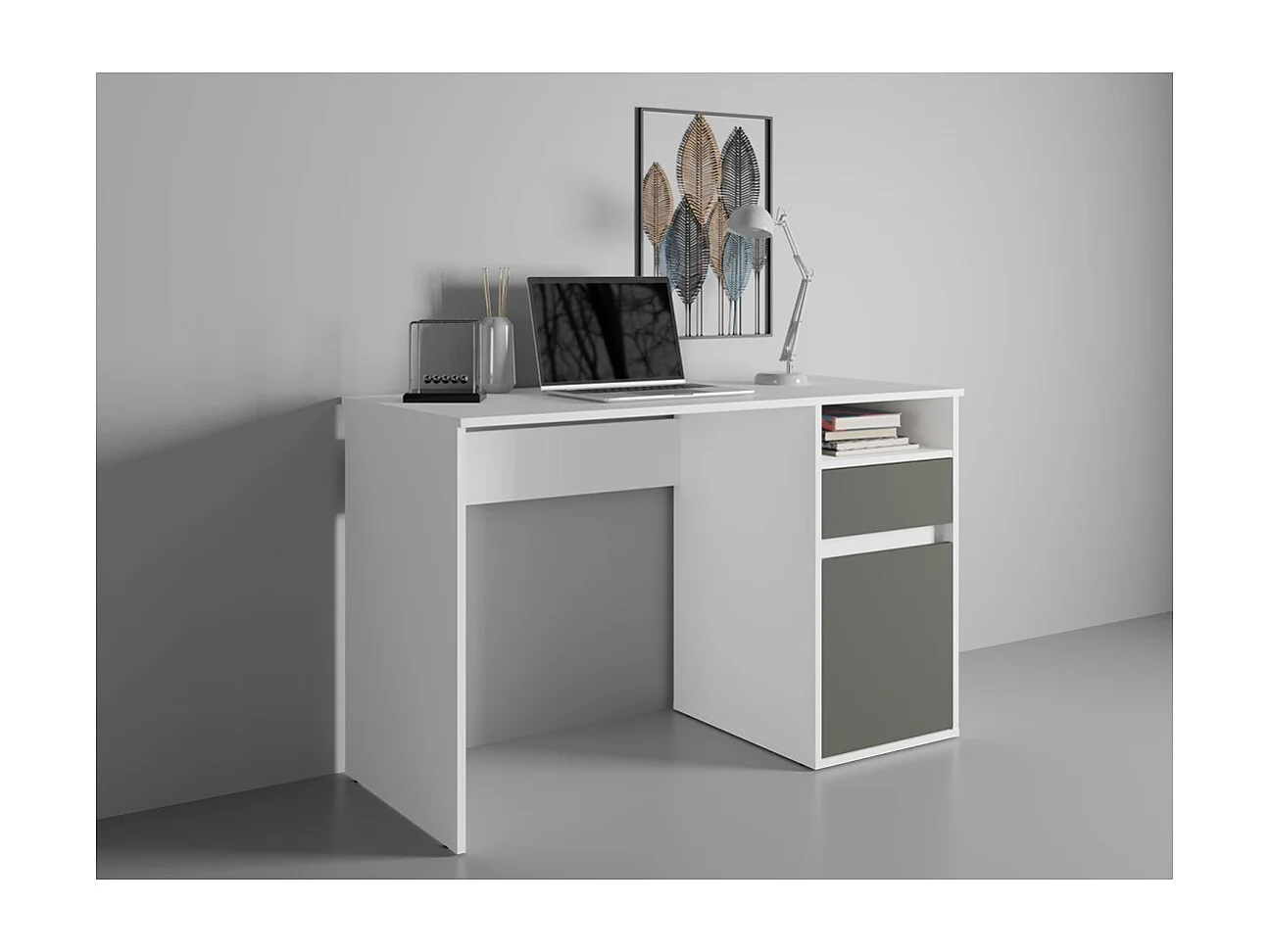 Escritório BILOU branco com gaveta e porta cinza antracite - Design limpo e moderno para criança