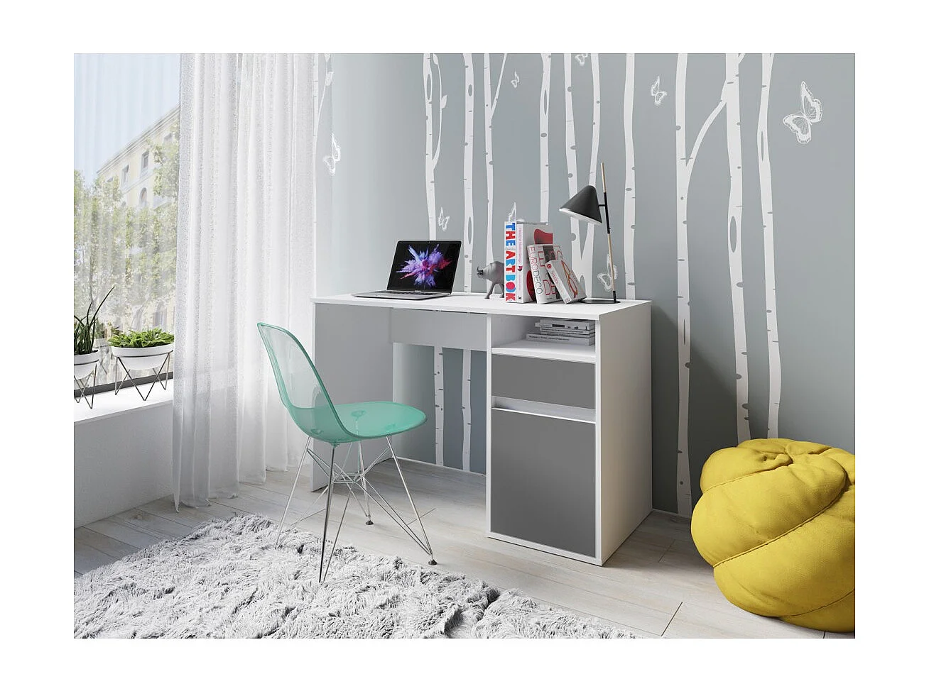 Escritório BILOU branco com gaveta e porta cinza antracite - Design limpo e moderno para criança
