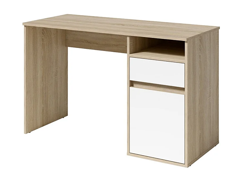 Escritório BILOU em carvalho e branco – 1 gaveta, 1 porta e 2 nichos – Design bicolor e armazenamento prático