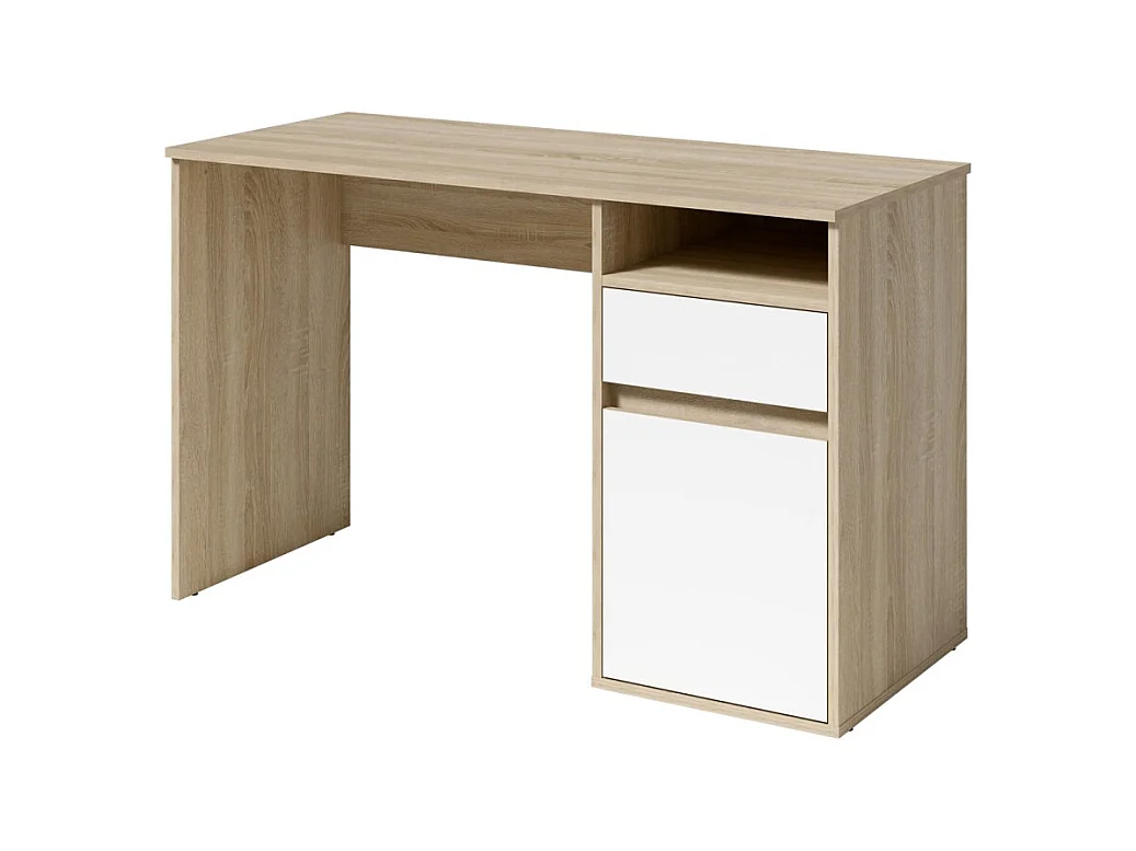 Escritório BILOU em carvalho e branco – 1 gaveta, 1 porta e 2 nichos – Design bicolor e armazenamento prático